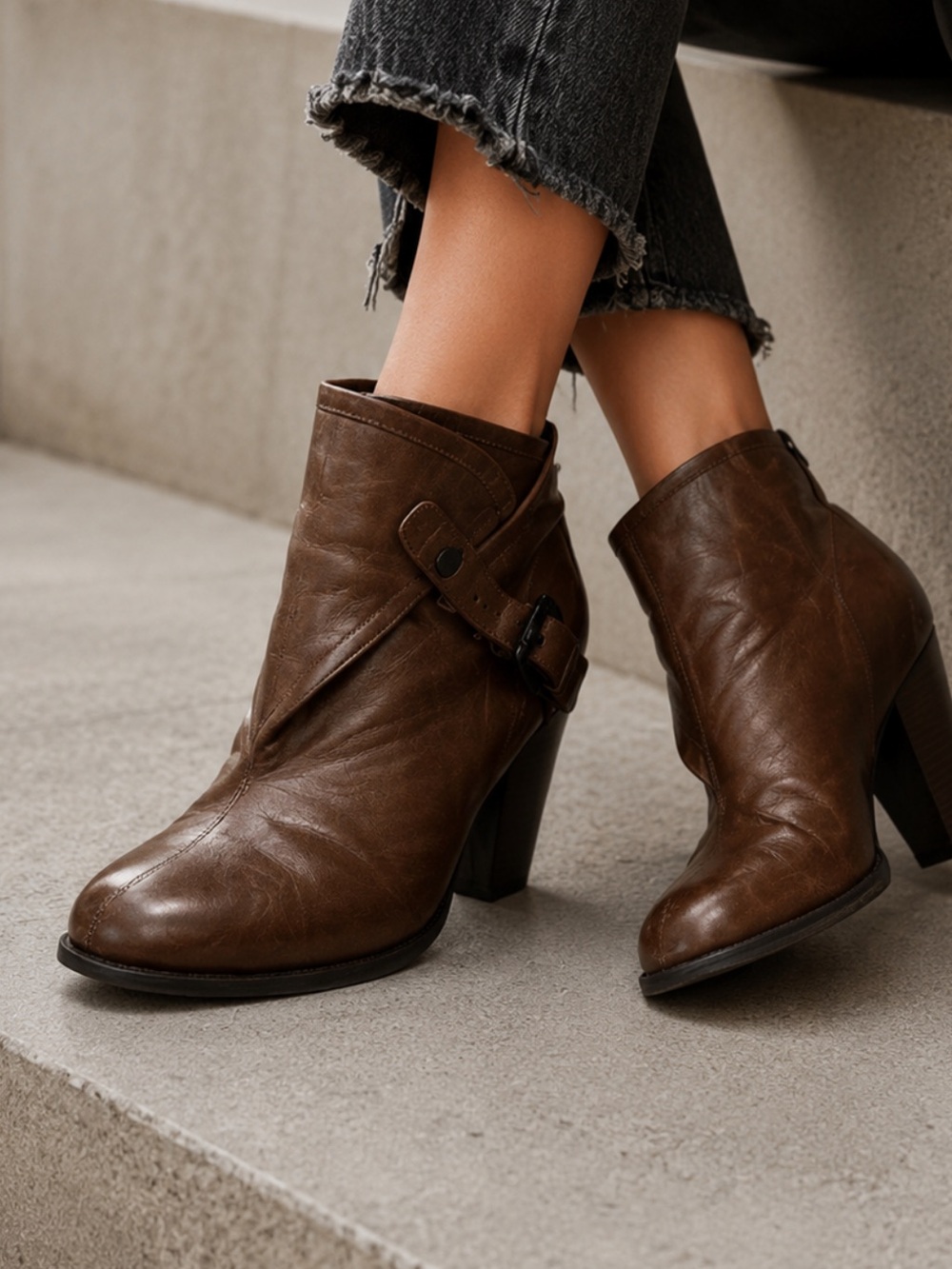 Rudsak Toll Brown Leather Ankle Boots Foldover Lined Buckle EU39 Warm